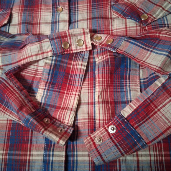 Wrangler Wrancher Shirt Women XL Western Pearl Snap Red Blue Plaid Rodeo Ranch - Picture 12 of 14